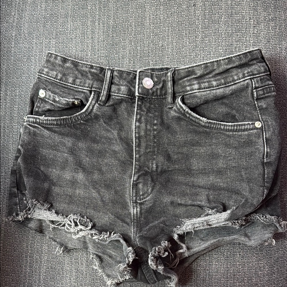 Zara Charcoal Frayed Denim Shorts